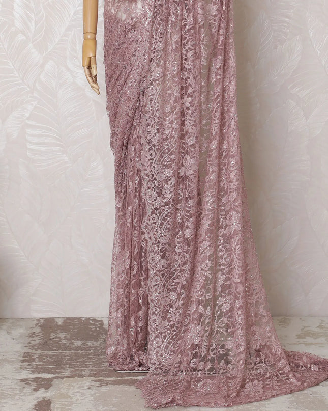 Ethereal Blush Lace Saree with Sparkling Stone Embellishments, French Design, 110cm Wide, 5.5m Length - Blouse Not Included
-D17844 Regal Fabrics