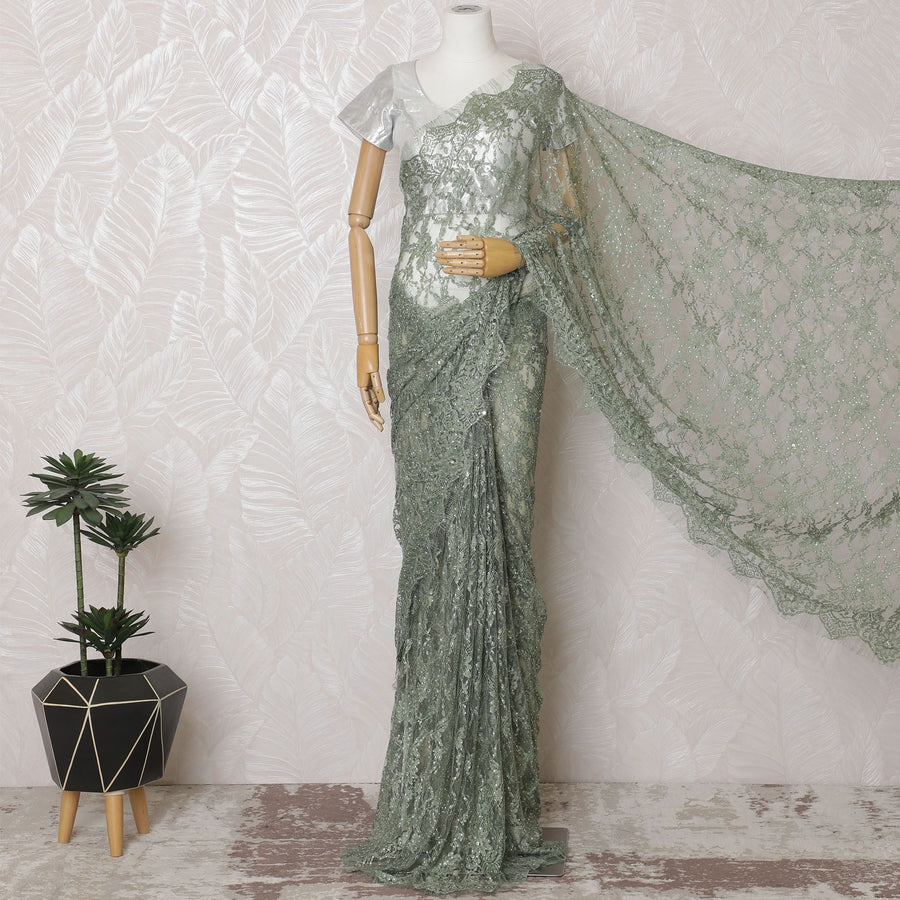 ساري دانتيل أنيق من Sage مع حجر كريستال، تصميم فرنسي، عرض 110 سم، طول 5.5 متر - البلوزة غير متضمنة-D17845