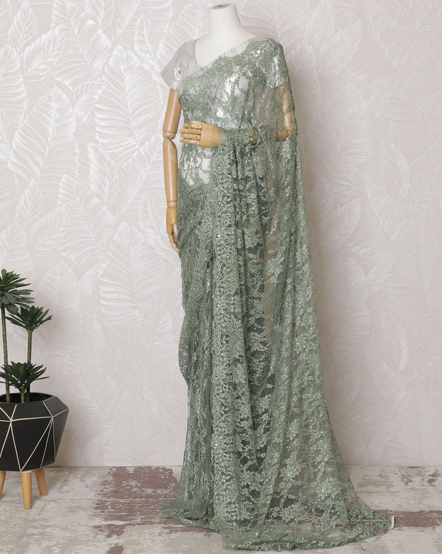 Sage Elegance Lace Saree with Crystal Stone Work, French Design, 110cm Wide, 5.5m Length - Blouse Not Included-D17845