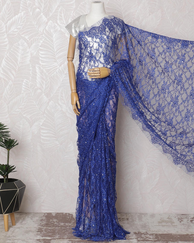 Sapphire Shimmer Lace Saree with Sequin Embellishments, French Craftsmanship, 110cm Wide, 5.5m Length - Blouse Not Included-D17846