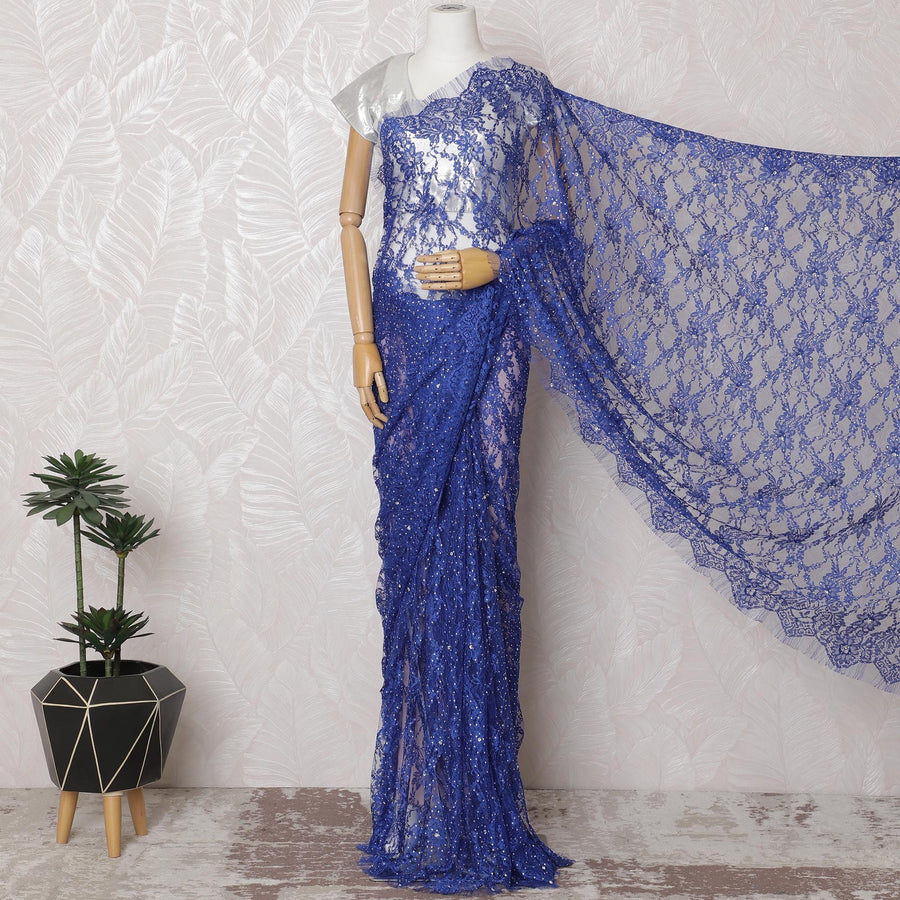 Sapphire Shimmer Lace Saree with Sequin Embellishments, French Craftsmanship, 110cm Wide, 5.5m Length - Blouse Not Included-D17846