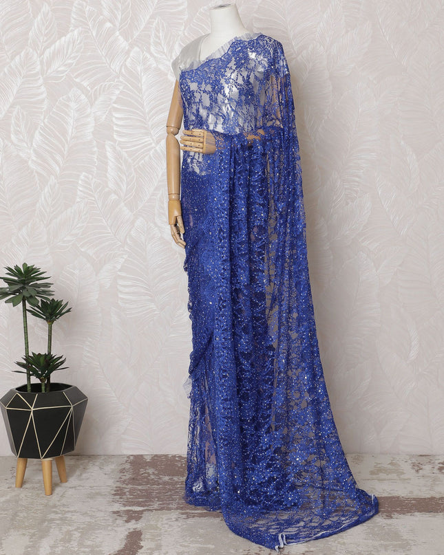 Sapphire Shimmer Lace Saree with Sequin Embellishments, French Craftsmanship, 110cm Wide, 5.5m Length - Blouse Not Included-D17846