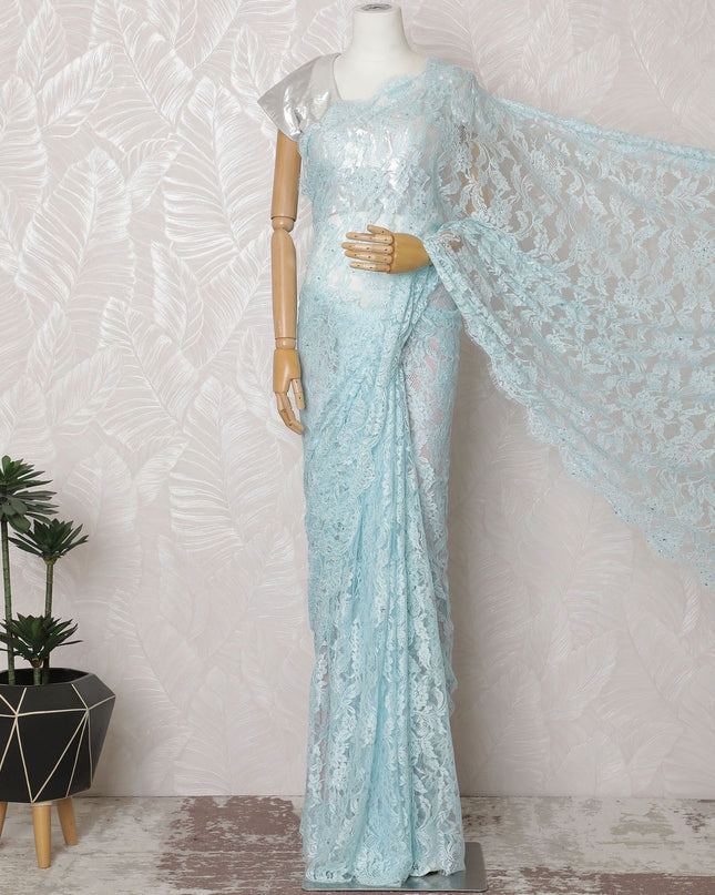 Ice Blue Lace Saree with Glistening Stone Work, French Design, 110cm Wide, 5.5m Length - Blouse Not Included-D17847
