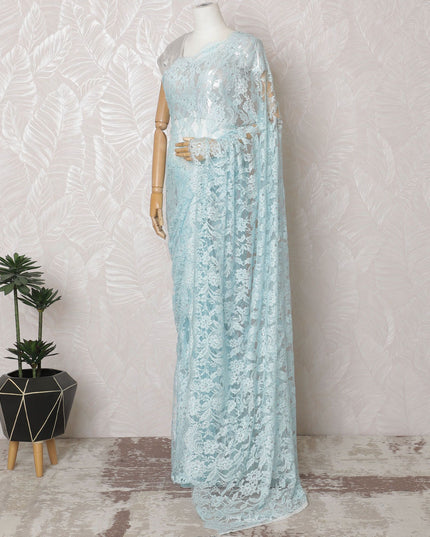 Ice Blue Lace Saree with Glistening Stone Work, French Design, 110cm Wide, 5.5m Length - Blouse Not Included-D17847