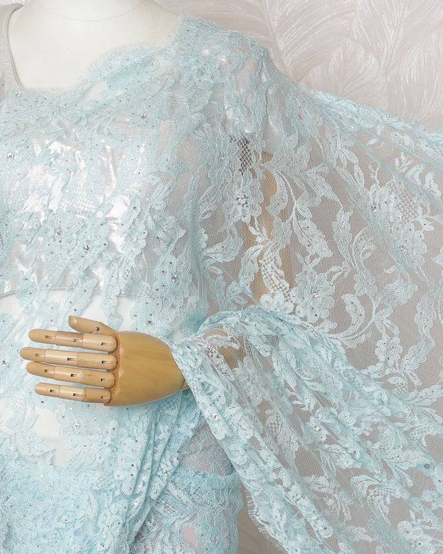 Ice Blue Lace Saree with Glistening Stone Work, French Design, 110cm Wide, 5.5m Length - Blouse Not Included-D17847