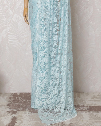 Ice Blue Lace Saree with Glistening Stone Work, French Design, 110cm Wide, 5.5m Length - Blouse Not Included-D17847