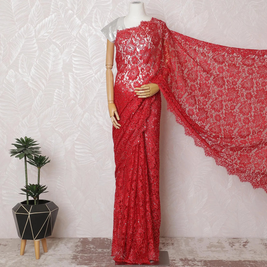 Ruby Red Chantilly Lace Fabric with Sparkling Stone Embellishments, 110cm Width - Luxurious 5.5m Cut, Blouse Piece Not Included-D17848 Regal Fabrics