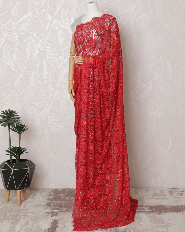 Ruby Red Chantilly Lace Fabric with Sparkling Stone Embellishments, 110cm Width - Luxurious 5.5m Cut, Blouse Piece Not Included-D17848