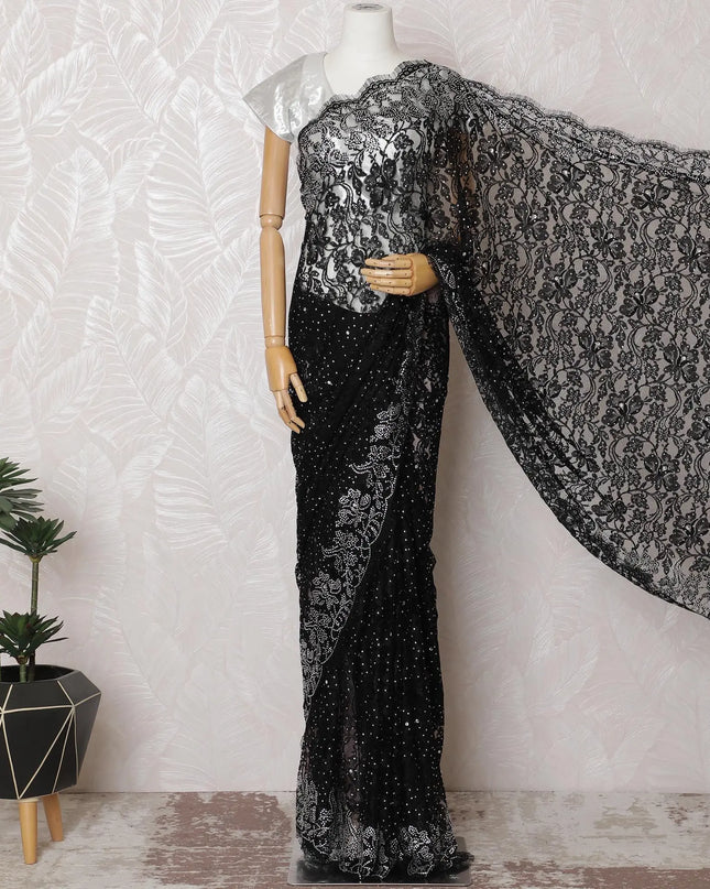 Ebony Black Chantilly Lace Fabric with Glistening Stone Detail, 110cm Width - Elegant 5.5m Piece, Excludes Blouse-D17849 Regal Fabrics