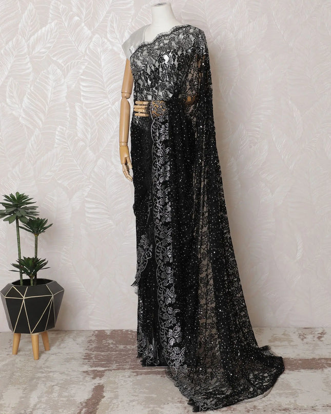 Ebony Black Chantilly Lace Fabric with Glistening Stone Detail, 110cm Width - Elegant 5.5m Piece, Excludes Blouse-D17849 Regal Fabrics
