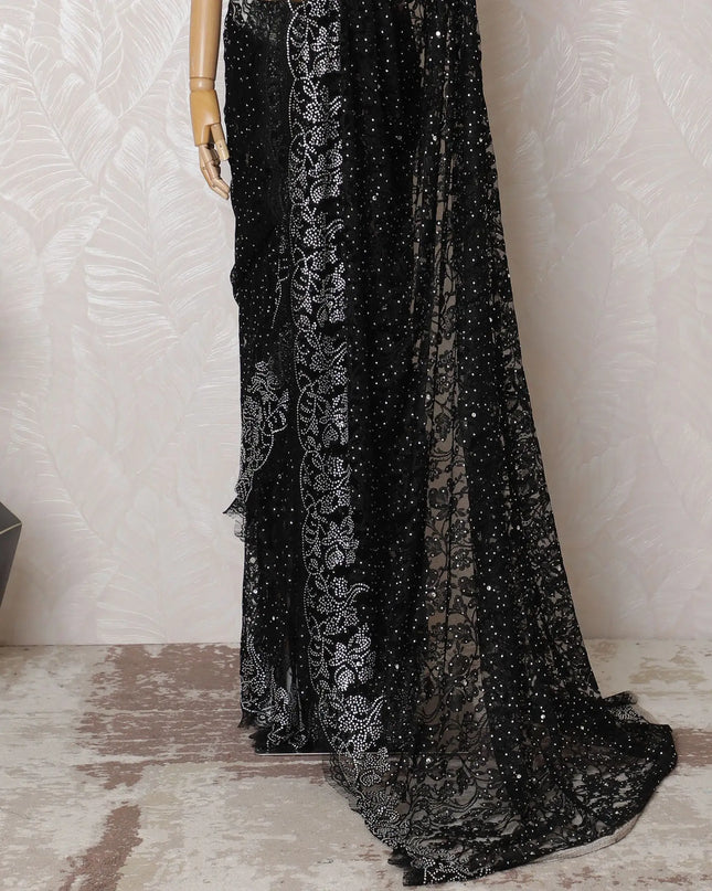 Ebony Black Chantilly Lace Fabric with Glistening Stone Detail, 110cm Width - Elegant 5.5m Piece, Excludes Blouse-D17849 Regal Fabrics