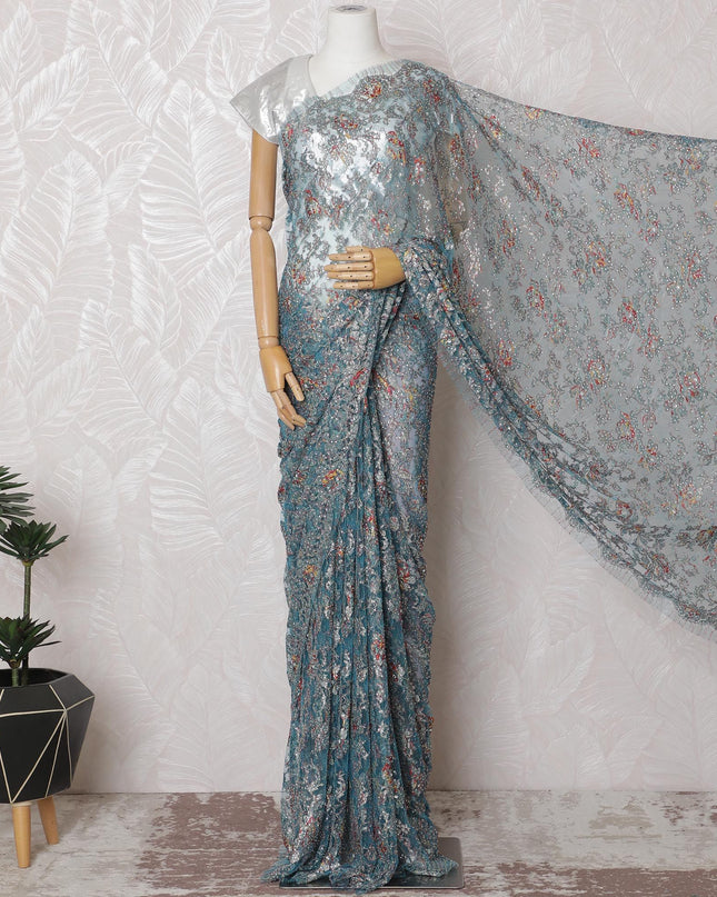 Iridescent Metallic Chantilly Lace Fabric with Multicolored Stone Embellishments, 110cm Width - 5.5m Exquisite Piece, No Blouse Included-D17850