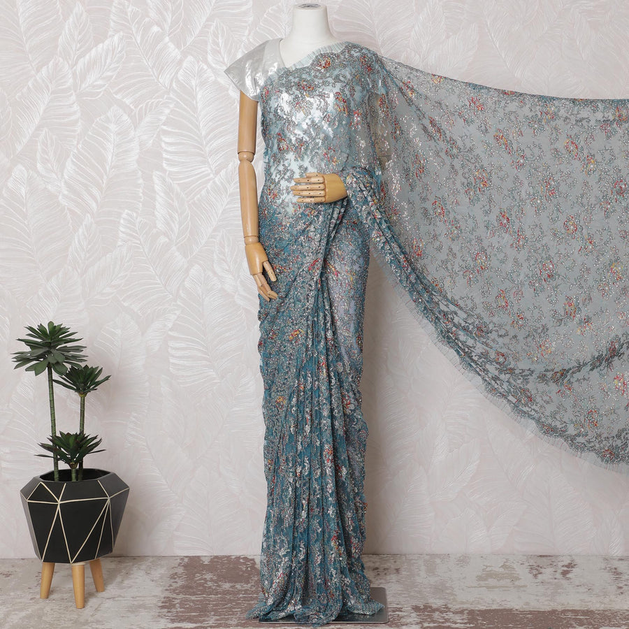 Iridescent Metallic Chantilly Lace Fabric with Multicolored Stone Embellishments, 110cm Width - 5.5m Exquisite Piece, No Blouse Included-D17850