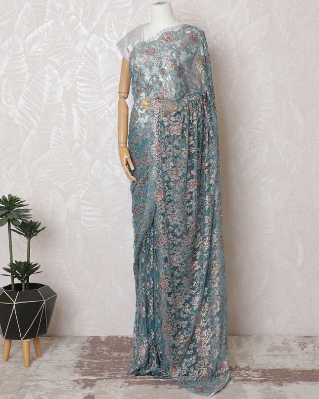 Iridescent Metallic Chantilly Lace Fabric with Multicolored Stone Embellishments, 110cm Width - 5.5m Exquisite Piece, No Blouse Included-D17850