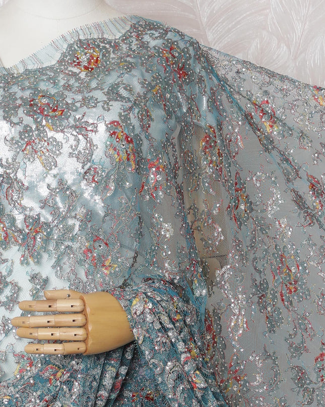 Iridescent Metallic Chantilly Lace Fabric with Multicolored Stone Embellishments, 110cm Width - 5.5m Exquisite Piece, No Blouse Included-D17850