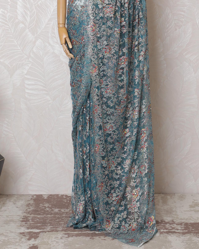 Iridescent Metallic Chantilly Lace Fabric with Multicolored Stone Embellishments, 110cm Width - 5.5m Exquisite Piece, No Blouse Included-D17850