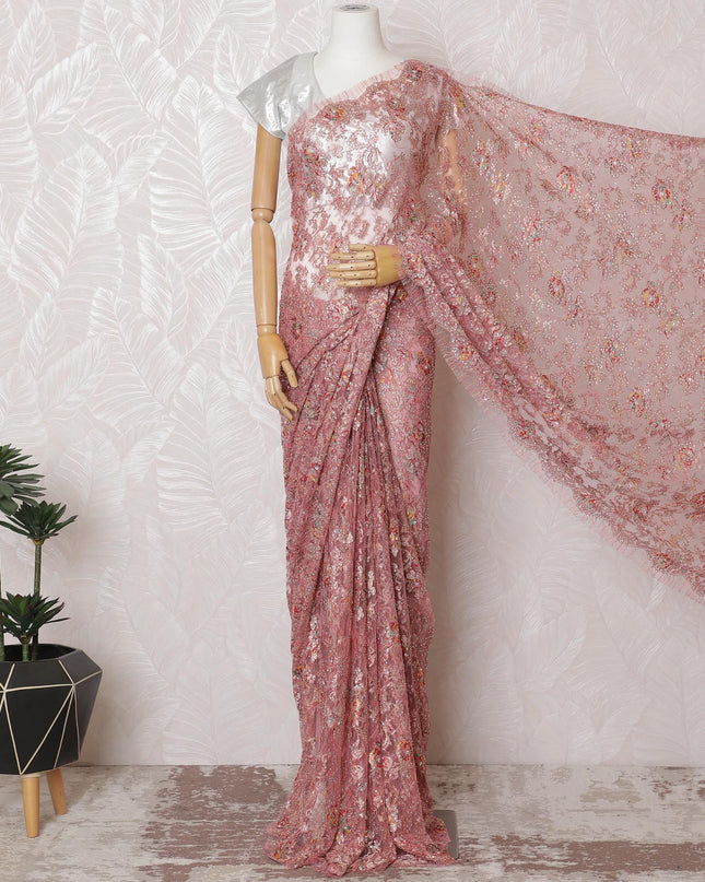 Blush Pink Metallic Chantilly Lace with Multifaceted Stone Embellishments, 110cm Width - Premium 5.5m Cut, Exclusive Blouse Piece Not Included-D17852