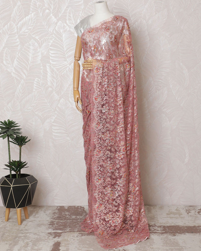 Blush Pink Metallic Chantilly Lace with Multifaceted Stone Embellishments, 110cm Width - Premium 5.5m Cut, Exclusive Blouse Piece Not Included-D17852