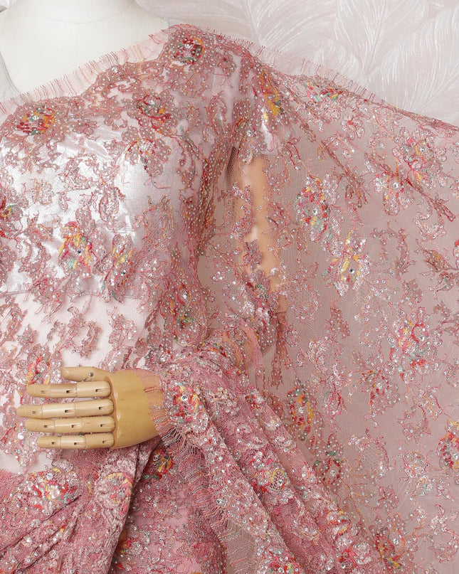 Blush Pink Metallic Chantilly Lace with Multifaceted Stone Embellishments, 110cm Width - Premium 5.5m Cut, Exclusive Blouse Piece Not Included-D17852