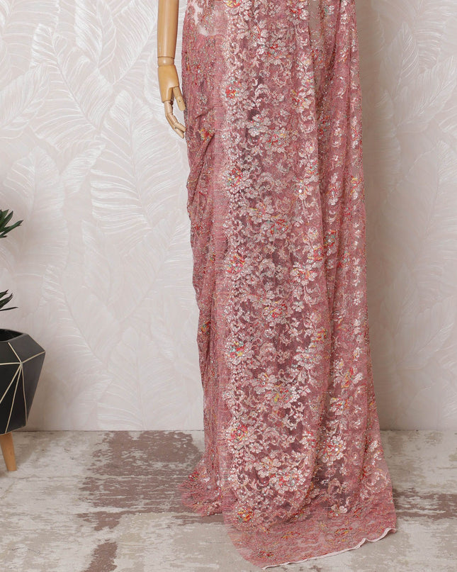 Blush Pink Metallic Chantilly Lace with Multifaceted Stone Embellishments, 110cm Width - Premium 5.5m Cut, Exclusive Blouse Piece Not Included-D17852
