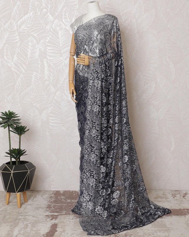 Silver Shimmer Chantilly Lace Fabric with Elegant Stone Work, 110cm Width - Opulent 5.5m Piece, Blouse Not Included-D17853