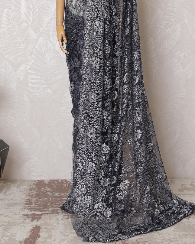 Silver Shimmer Chantilly Lace Fabric with Elegant Stone Work, 110cm Width - Opulent 5.5m Piece, Blouse Not Included-D17853