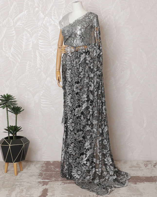 Gunmetal Gray Multitone Metallic Chantilly Lace with Luxe Stone Embellishments, 110cm Wide - Sumptuous 5.5m Fabric, Blouse Piece Not Included-D17854