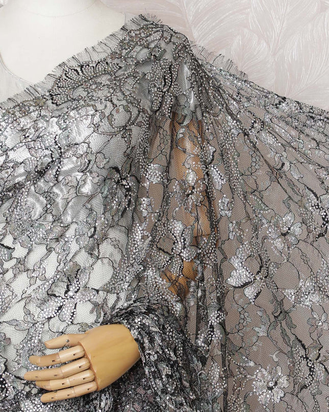 Gunmetal Gray Multitone Metallic Chantilly Lace with Luxe Stone Embellishments, 110cm Wide - Sumptuous 5.5m Fabric, Blouse Piece Not Included-D17854