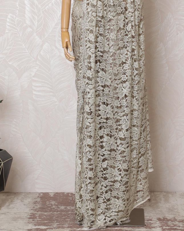 Platinum Elegance Chantilly Lace Fabric with Exquisite Stone Embellishments, 110cm Width - Grand 5.5m Length, No Blouse Piece-D17855
