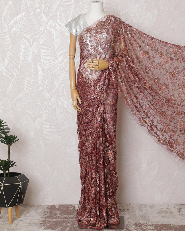 Rose Gold Radiance Chantilly Lace Fabric with Dazzling Stone Work, 110cm Width - Deluxe 5.5m Cut, Excludes Blouse Piece-D17857