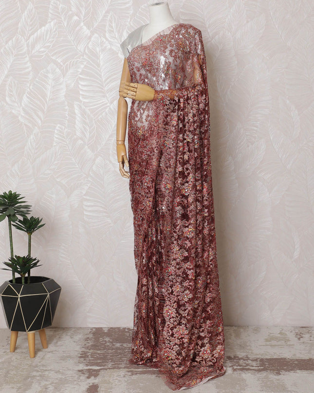 Rose Gold Radiance Chantilly Lace Fabric with Dazzling Stone Work, 110cm Width - Deluxe 5.5m Cut, Excludes Blouse Piece-D17857