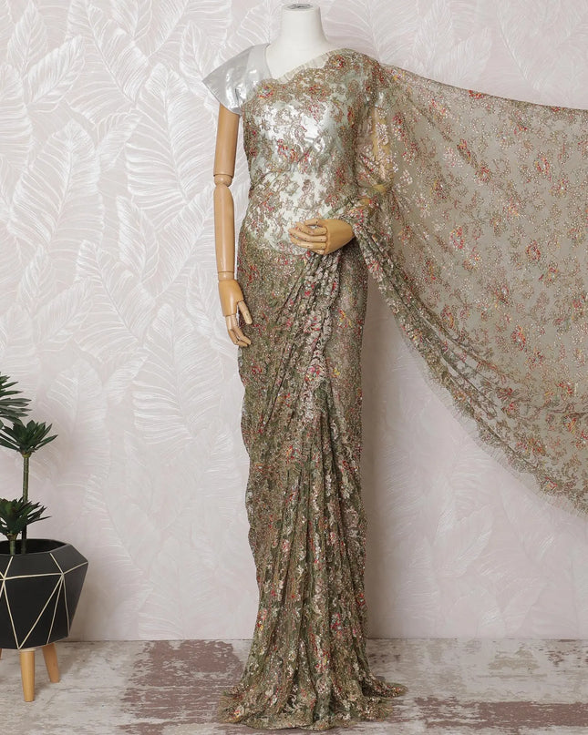Golden Olive Metallic Chantilly Lace Fabric with Vibrant Stone Accents, 110cm Width - Luxurious 5.5m Piece, Blouse Not Included-D17858 Regal Fabrics