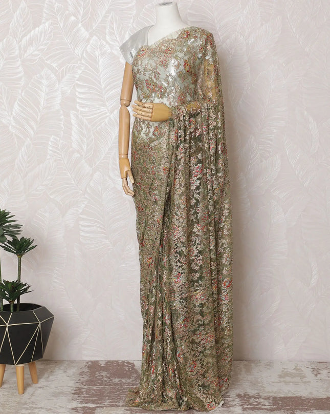 Golden Olive Metallic Chantilly Lace Fabric with Vibrant Stone Accents, 110cm Width - Luxurious 5.5m Piece, Blouse Not Included-D17858 Regal Fabrics