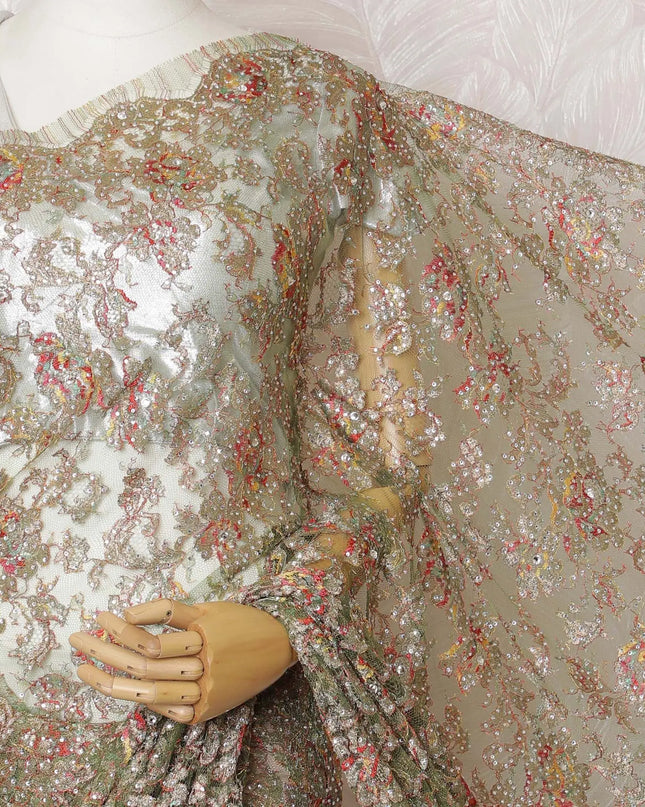 Golden Olive Metallic Chantilly Lace Fabric with Vibrant Stone Accents, 110cm Width - Luxurious 5.5m Piece, Blouse Not Included-D17858 Regal Fabrics