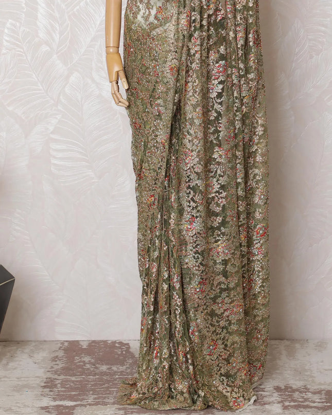 Golden Olive Metallic Chantilly Lace Fabric with Vibrant Stone Accents, 110cm Width - Luxurious 5.5m Piece, Blouse Not Included-D17858 Regal Fabrics