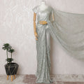 French Silver Mist Metallic Chantilly Lace Saree with Exquisite Stone Work, 110cm Width - 5.5m Elegance, Blouse Not Included-D17862