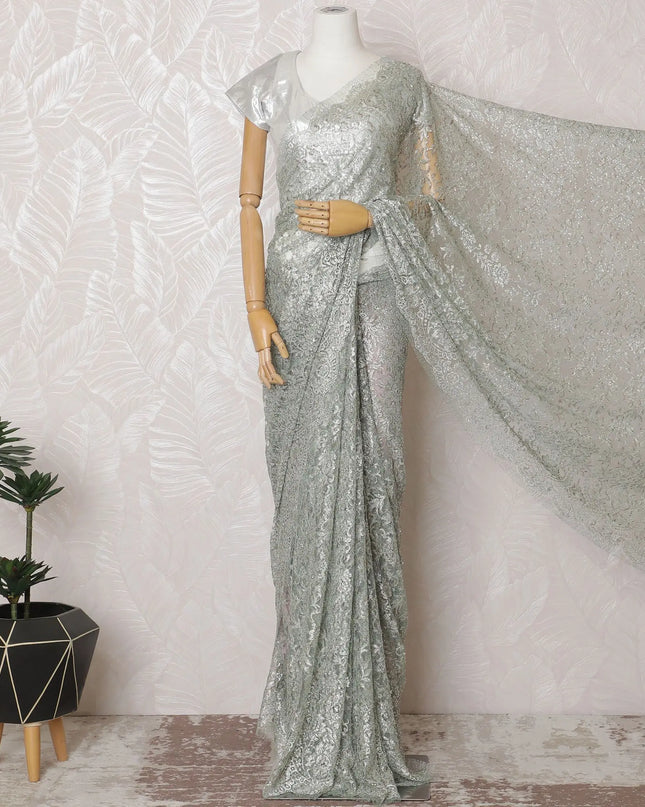 French Silver Mist Metallic Chantilly Lace Saree with Exquisite Stone Work, 110cm Width - 5.5m Elegance, Blouse Not Included-D17862 Regal Fabrics