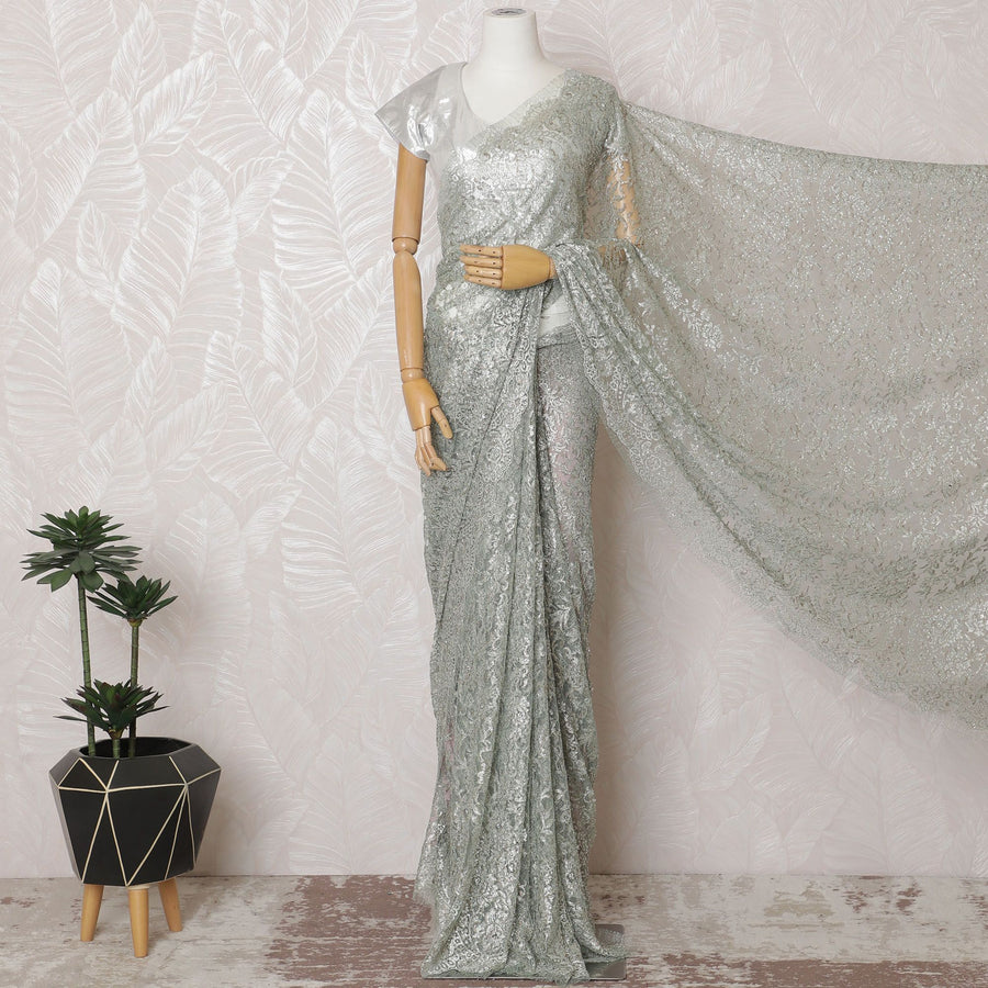French Silver Mist Metallic Chantilly Lace Saree with Exquisite Stone Work, 110cm Width - 5.5m Elegance, Blouse Not Included-D17862
