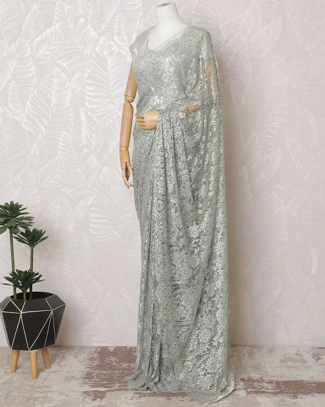 French Silver Mist Metallic Chantilly Lace Saree with Exquisite Stone Work, 110cm Width - 5.5m Elegance, Blouse Not Included-D17862 Regal Fabrics