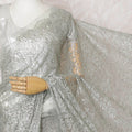 French Silver Mist Metallic Chantilly Lace Saree with Exquisite Stone Work, 110cm Width - 5.5m Elegance, Blouse Not Included-D17862