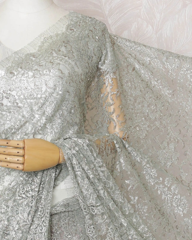French Silver Mist Metallic Chantilly Lace Saree with Exquisite Stone Work, 110cm Width - 5.5m Elegance, Blouse Not Included-D17862 Regal Fabrics