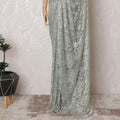 French Silver Mist Metallic Chantilly Lace Saree with Exquisite Stone Work, 110cm Width - 5.5m Elegance, Blouse Not Included-D17862