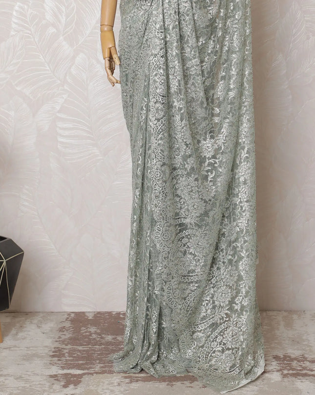French Silver Mist Metallic Chantilly Lace Saree with Exquisite Stone Work, 110cm Width - 5.5m Elegance, Blouse Not Included-D17862 Regal Fabrics