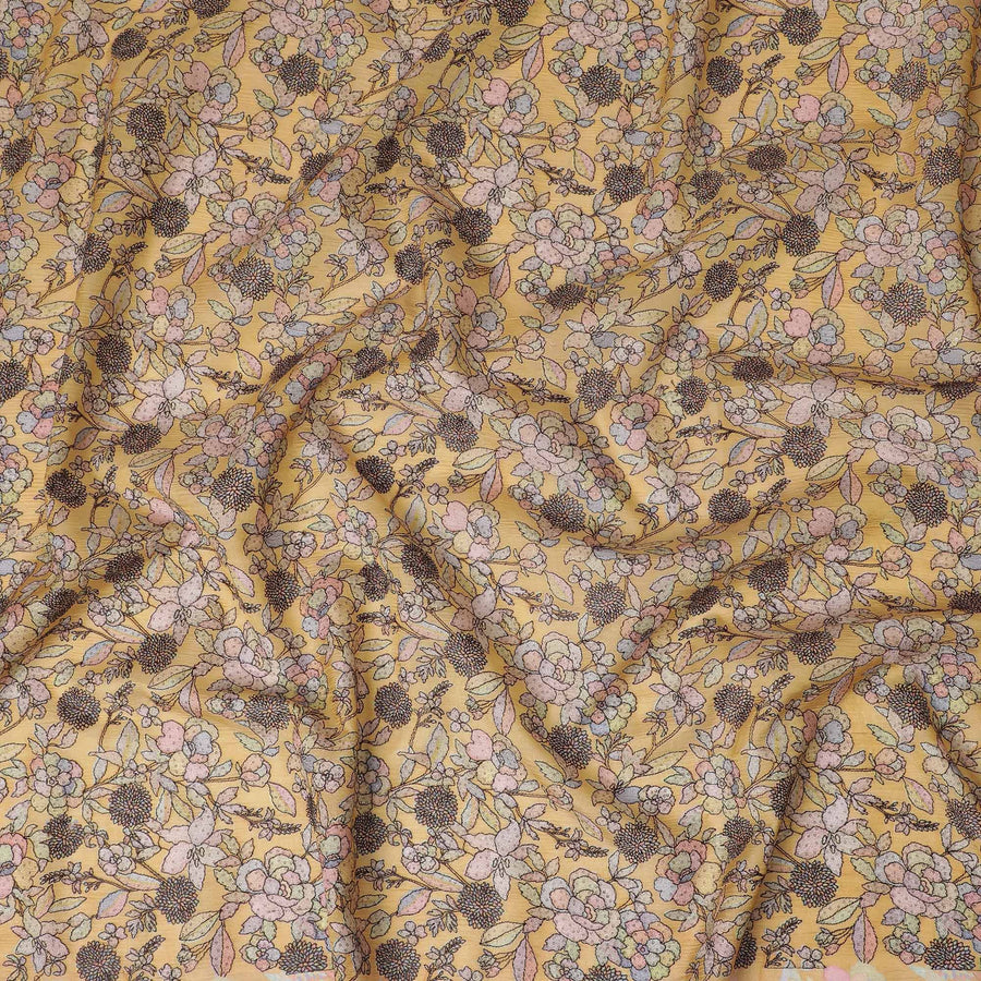 قماش حرير توسار ذهبي مع طباعة زهور مزهرة، عرض 110 سم - نسيج حرفي من الهند-D17917