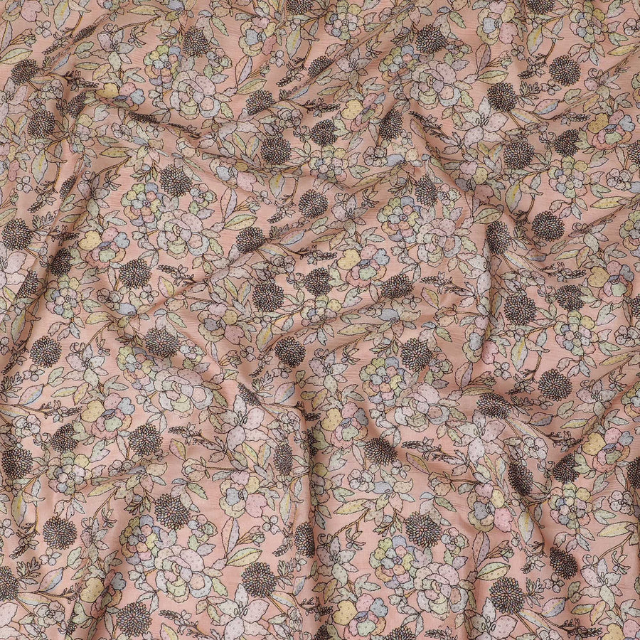 قماش حرير توسار بلون الخوخ مع طباعة زهور معقدة، عرض 110 سم - مصنوع في الهند-D17918