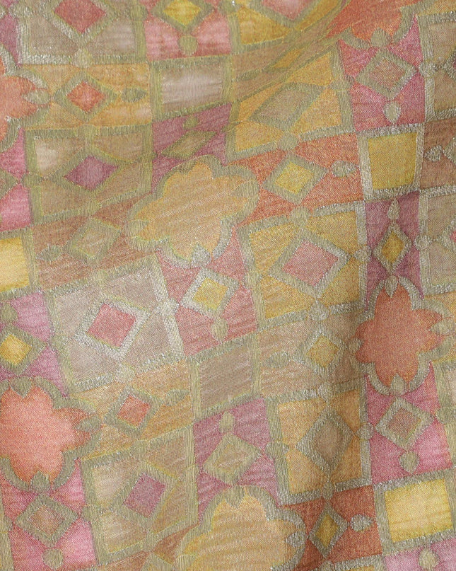Goldenrod Tussar Silk Fabric with Geometric Mosaic Print, 110cm Width - Authentic Craft from India-D17920