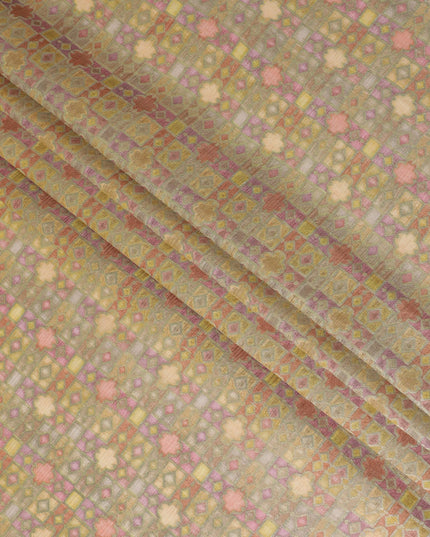 قماش حرير Goldenrod Tussar مع طباعة فسيفساء هندسية، عرض 110 سم - صناعة أصلية من الهند-D17920