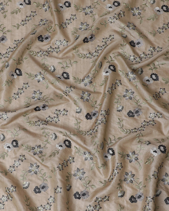 Taupe Tussar Silk Fabric with Monochrome Embroidery, 110cm Width - Artisanal Textile from India-D17924