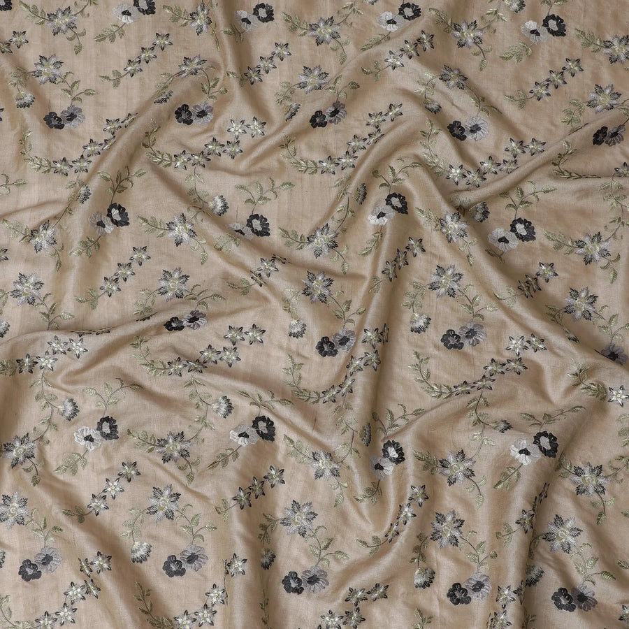 Taupe Tussar Silk Fabric with Monochrome Embroidery, 110cm Width - Artisanal Textile from India-D17924 Regal Fabrics