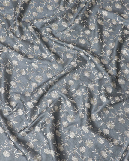 Slate Gray Tussar Silk Fabric with White Floral Embroidery, 110cm Width - Handcrafted Textile from India-D17925